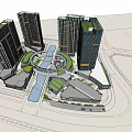 Modern Commercial Complex With Glass Curtain Walls Open Plaza Fountain And Green Landscaping