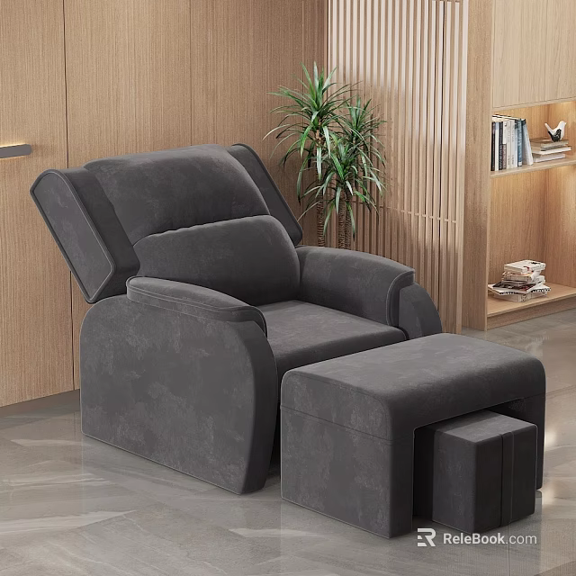 Modern Gray Massage Bed With Ottoman And Potted Plant In Wooden Interior 3d model 