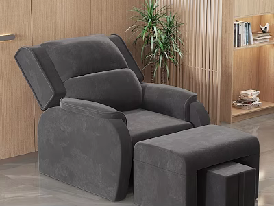 Modern Gray Massage Bed With Ottoman And Potted Plant In Wooden Interior 3d model