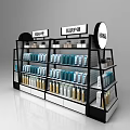 Modern Black White Display Shelf with Multiple Layers and Skincare Products