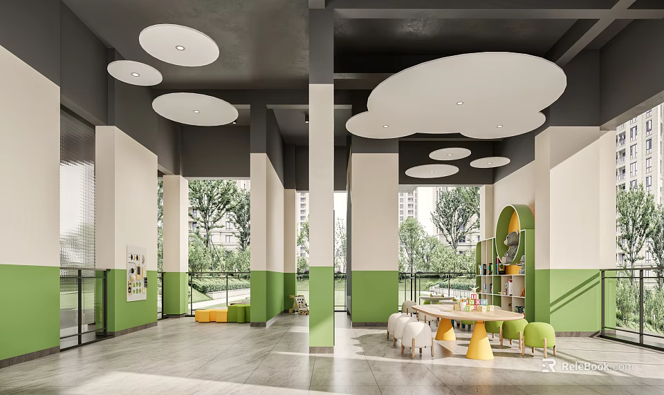 Modern Public Area With Green Walls Cloud Lights Tables And Outdoor View 3d model 
