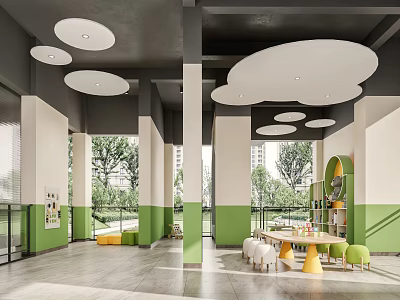 Modern Public Area With Green Walls Cloud Lights Tables And Outdoor View 3d model