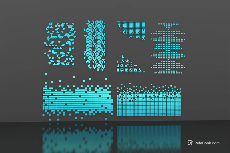 Blue Geometric Wall Decor With Dots Squares Triangles On Gray Background Wall And Reflections 3d model 