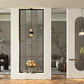 Modern Entryway Hallway Interior With Glass Partition Pendant Light And Flower Vase On Wooden Flooring