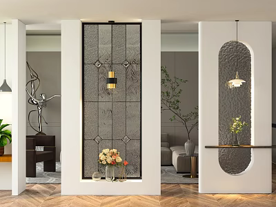 Modern Entryway Hallway Interior With Glass Partition Pendant Light And Flower Vase On Wooden Flooring 3d model