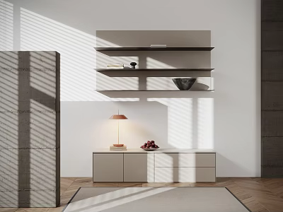 Modern Minimalist Decorative Cabinet With Floating Shelves Table Lamp Fruit Decor Rug And Wood Floor 3d model