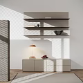 Modern Minimalist Decorative Cabinet With Floating Shelves Table Lamp Fruit Decor Rug And Wood Floor