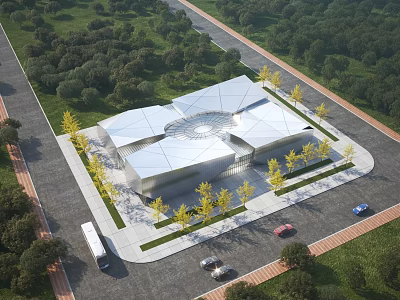 Aerial View Planning of Modern Building with Unique White Roof and Ginkgo Trees Along Road 3d model