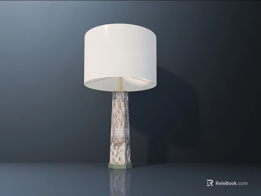 Table Lamp With White Lampshade And Patterned Marble Pillar Against Dark Background 3d model