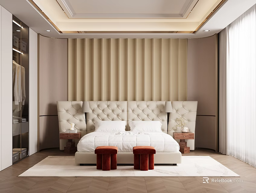 Modern Bedroom Interior Design With Beige Vertical Striped Wall Tufted Headboard And Red Stools 3d model 