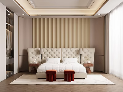 Modern Bedroom Interior Design With Beige Vertical Striped Wall Tufted Headboard And Red Stools 3d model