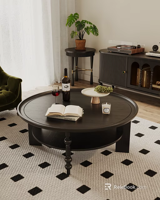 Round Black Coffee Table With Open Book Wine Bottle Glass Grapes And Candle On Rug 3d model 