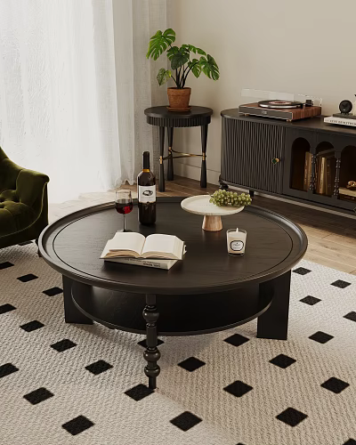 Round Black Coffee Table With Open Book Wine Bottle Glass Grapes And Candle On Rug 3d model