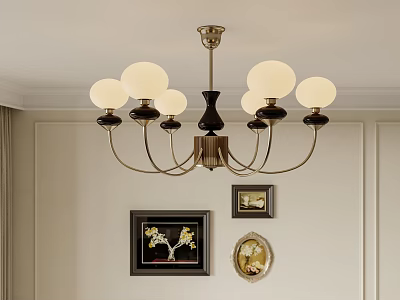 Modern Black and Gold Chandelier With Multiple Globe Lights And Decorative Paintings On The Wall 3d model