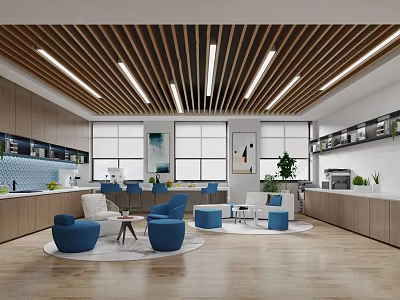 Modern Break Room Interior With Wooden Ceiling Blue Seats Sofa And Windows 3d model