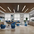 Modern Break Room Interior With Wooden Ceiling Blue Seats Sofa And Windows