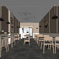 Modern Restaurant Interior With Wooden Tables Chairs Bar Counter And Pendant Lights