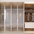 Modern Wooden Wardrobe Interior With Glass Doors Hanging Area And Drawers