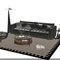 Sofa and Coffee Table Set Including Green Leather Sofa Round Wooden Table Accent Pillows Geometric Rug