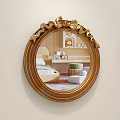 Ornate Round Wall Mirror With Golden Ornate Frame Reflects Bedroom