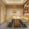 Traditional Japanese Restaurant Interior With Wooden Partitions Booth Seats And Decorative Paintings