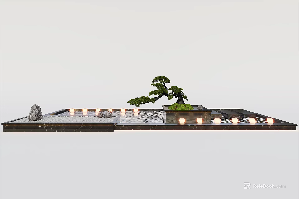 Garden Miniature Landscape With Bonsai Tree Pond Stones And Illuminated Lights 3d model 