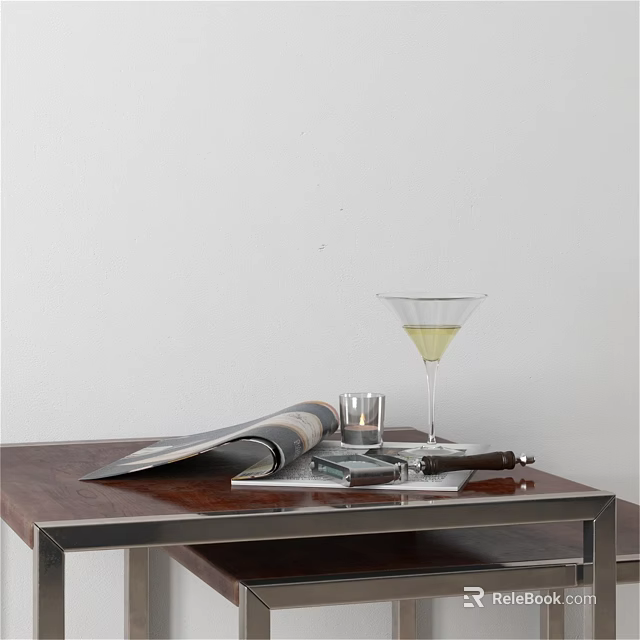 Artistic Carved Sculpture Display On Wooden Table With Magazine And Glass 3d model 