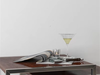 Artistic Carved Sculpture Display On Wooden Table With Magazine And Glass 3d model