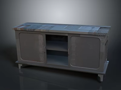 Gray Industrial TV Stand With Double Doors And Textured Wooden Top 3d model