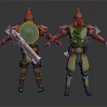 Armored Warrior Characters 3D Model With Red Helmet Shield Weapon And Gold Armor 3d model