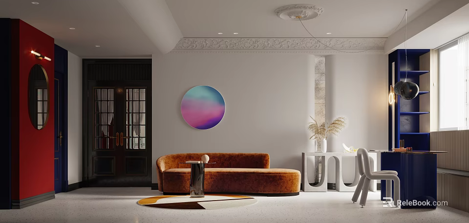 Modern Living Room With Brown Sofa And Colorful Circular Art 3d model 