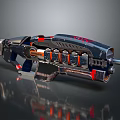 Futuristic Sci Fi Weapon With Metallic Design Red Accents And Mechanical Structure