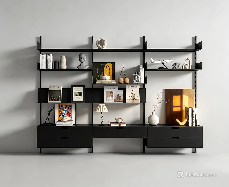 Modern Decorative Cabinet With Layered Shelves Drawers Vase Sculpture Photo Frames Table Lamp And Books 3d model 