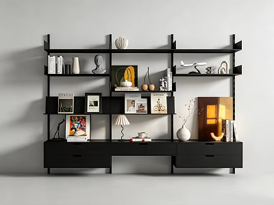 Modern Decorative Cabinet With Layered Shelves Drawers Vase Sculpture Photo Frames Table Lamp And Books 3d model