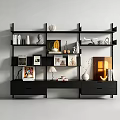 Modern Decorative Cabinet With Layered Shelves Drawers Vase Sculpture Photo Frames Table Lamp And Books