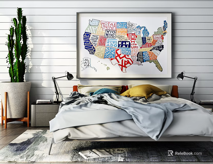 Cozy Background Double Bed With American Map Wall Art Table Lamps And Green Plant 3d model 