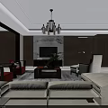 Modern Dining and Living Room Interior With Chandelier Red Chairs Sofa and Large Windows
