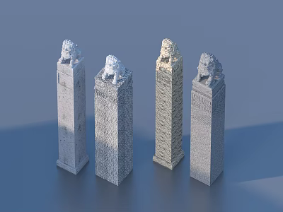 Traditional Stone Lion Sculptures With Carved Stone Pillars And Textured Surfaces 3d model