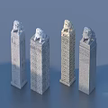 Traditional Stone Lion Sculptures With Carved Stone Pillars And Textured Surfaces