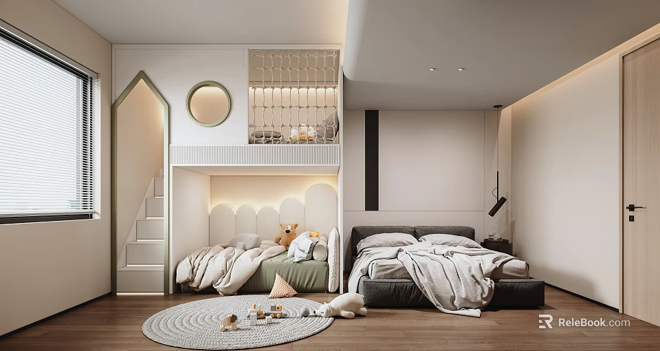 Cozy Kids Room Interior With Bunk Bed Staircase Round Mirror Stuffed Toys And Soft Rug 3d model 