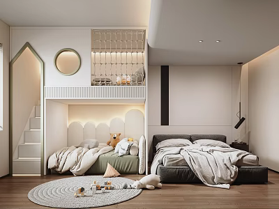 Cozy Kids Room Interior With Bunk Bed Staircase Round Mirror Stuffed Toys And Soft Rug 3d model