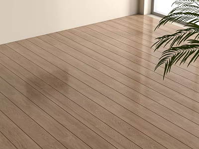 Natural Wooden Floor With Palm Plant Light Wall And Window 3d model