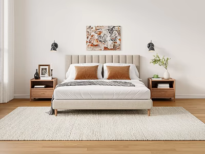 Modern Bedroom Interior With Beige Bed Nightstands Artwork White Rug And Wooden Floor 3d model