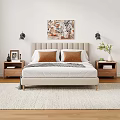 Modern Bedroom Interior With Beige Bed Nightstands Artwork White Rug And Wooden Floor