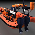 Orange Inflatable Boat With Two Blue Engines Lifebuoy Interior Seats And Steering Wheel