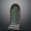 Architectural Red Brick Arched Frame With Green Wooden Door And Steps