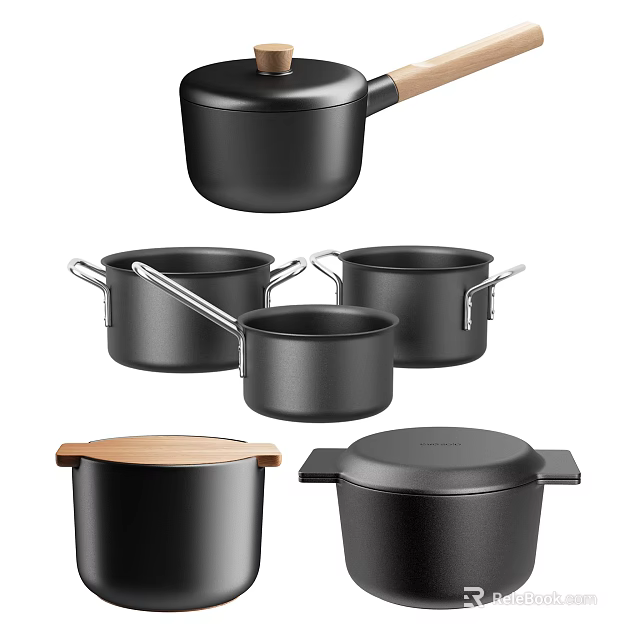 Modern Black Cookware Set With Wooden Handle Various Sizes And Lids 3d model 