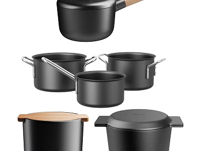 Modern Black Cookware Set With Wooden Handle Various Sizes And Lids 3d model
