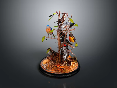 Colorful Birds Perched On Tree Branch With Green Leaves And Decorative Base 3d model