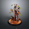 Colorful Birds Perched On Tree Branch With Green Leaves And Decorative Base